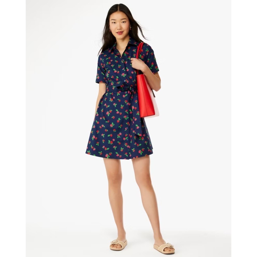 Kate Spade Strawberry Shirtdress Womens XL Navy Blue Fruit Print Belted Pockets